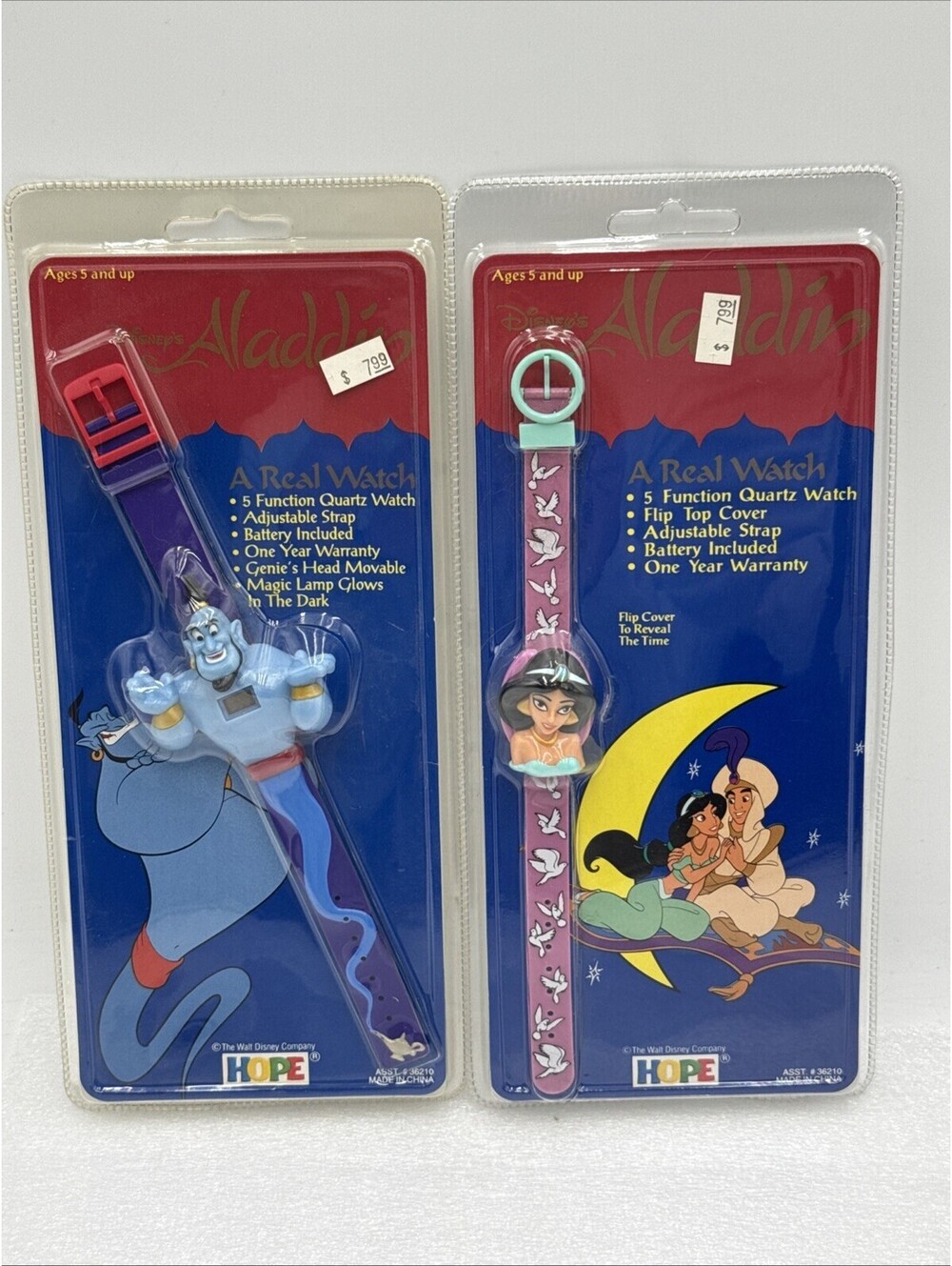 Two 1991 Walt Disney Aladdin Digital Watches Watch Hope Industries Jasmine Genie
